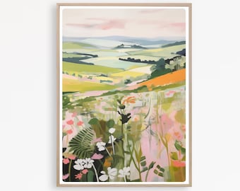 Paisaje de flores de colores, estampado floral de verano, pintura de paisaje abstracto, campos y flores, descarga instantánea