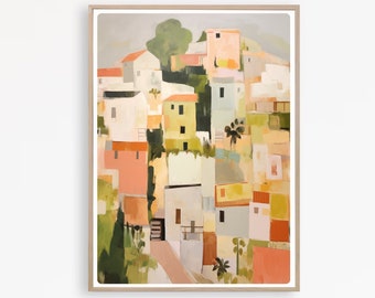 Colorful Houses Print, Mediterranean Painting, Architecture Watercolor, Spanish village painting, Printable Wall Art,  Instant Download