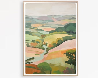 May include: A painting of a landscape with rolling hills, fields, and a winding river. The colors are muted and earthy, with shades of green, brown, and pink.