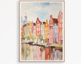 Pittura ad acquerello di Amsterdam, stampa dei Paesi Bassi, paesaggio urbano di Amsterdam, stampa di viaggio, download immediato