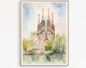 Barcelona Print, Barcelona Watercolor painting, Sagrada Familia Print, Barcelona Spain Wall Art, Instant Download