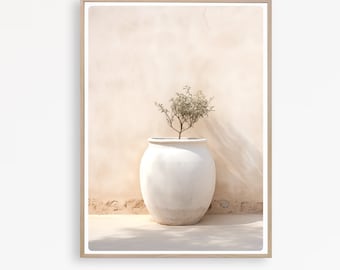 Greece Olive Tree in Pot Print, Crete Plant Pot Painting, Minimalist Wall Art, Neutral Mediterranean Poster, Instant Download
