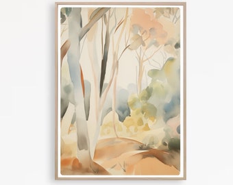 Abstract Tree Landscape, Muted Tree Watercolor, Soft Tones Gum Tree Painting,  Instant Download