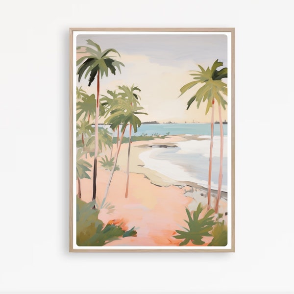 California Beach Art Print, Palm Trees on Beach Painting, Tropical Beach, Beach House Decor, Ocean Art, Instant Download