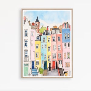 Colourful City Houses Print, Cityscape Illustration, Vibrant Town Houses, Quirky Architecture painting, Instant Download