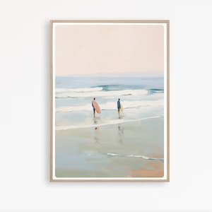 Stampa di surf, dipinto di surfisti sulla spiaggia, stampa estiva sulla spiaggia, arte murale dell&#39;oceano, decorazione della casa sulla spiaggia, download immediato