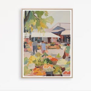 Impresión de mercado de agricultores, pintura colorida de mercado, acuarela de mercado callejero, arte mural de cocina, descarga instantánea