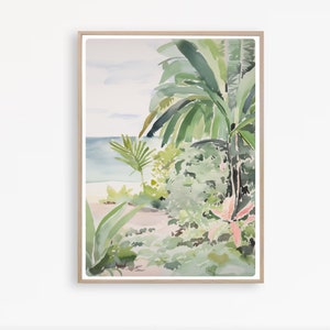 Australian Tropical Beach Print, Lush botanical Painting, Coastal Wall Art, Beach Watercolor, Ocean Art, Palm tree Print, Instant Download