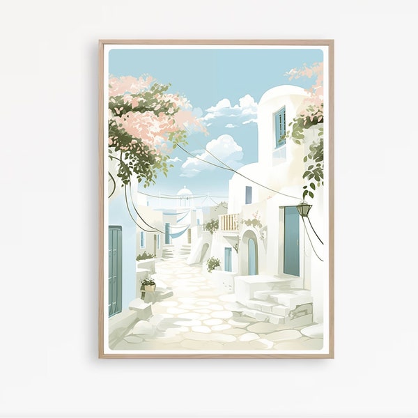 Greece Village Print, Santorini Wall Art, Europe Travel Print, Mediterranean Painting, Instant Download