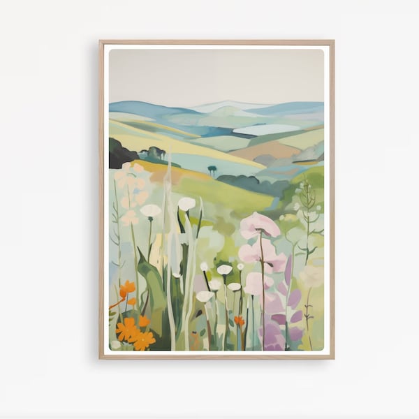 Wildflower Landscape, Summer Landscape Print, Abstract Floral Wall Art, Fields and Flowers, Instant Download