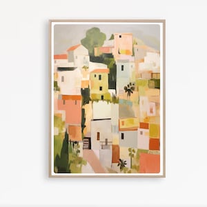 Impresión de casas coloridas, pintura mediterránea, acuarela arquitectónica, pintura de un pueblo español, arte mural imprimible, descarga instantánea