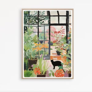 Summer Garden Print, Greenhouse Cat, Botanical Print, Cat Wall Art, Gift for Gardener, Instant Download