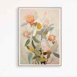 May include: A painting depicting a bouquet of pink, white, and orange flowers with green leaves. The flowers are arranged in a vase and the background is a light beige colour.
