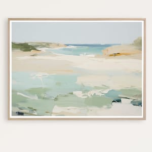 May include: Abstract painting of a seascape with shades of blue, green, and white. The painting depicts a beach with water in the foreground and a distant coastline in the background.