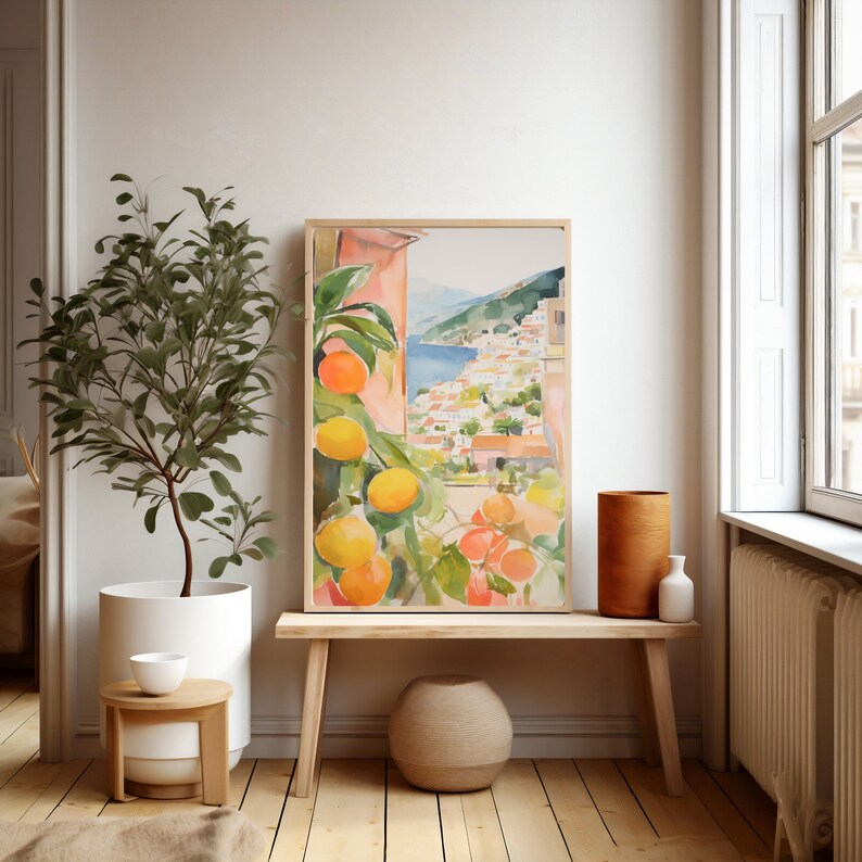 May include: A watercolor painting of a window view with a citrus tree in the foreground. The tree has green leaves and yellow and orange citrus fruits. The window view shows a cityscape with buildings and a body of water in the distance.
