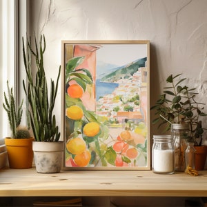 May include: Watercolor painting of a Mediterranean village with a view of the ocean and a citrus tree with oranges and lemons in the foreground.