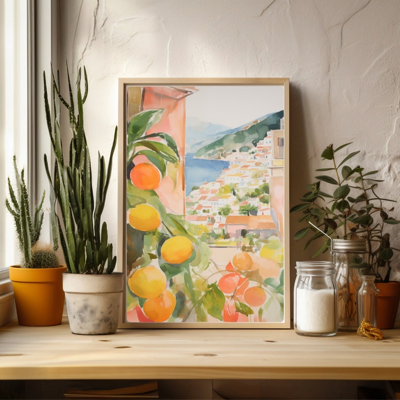 May include: Watercolor painting of a Mediterranean village with a view of the ocean and a citrus tree with oranges and lemons in the foreground.