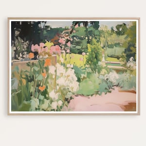 May include: A painting depicting a garden scene with a path winding through a verdant garden filled with pink, white, and orange blooms. Trees and shrubs border the garden.
