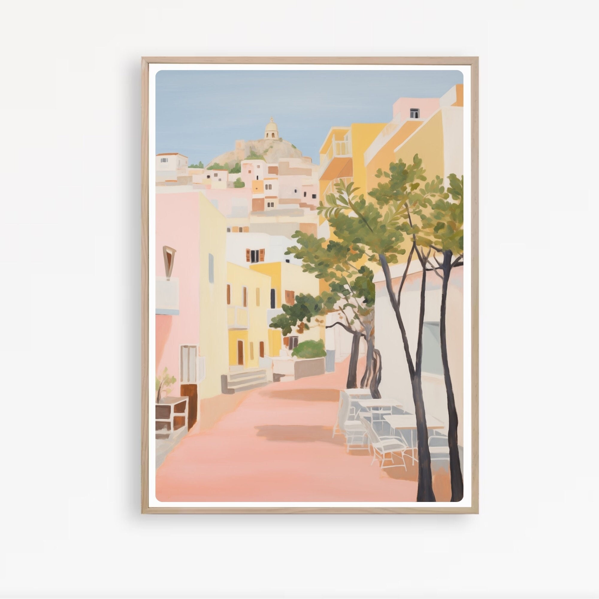 原精一　スペイン イビザ風景　油彩画 イビサの絵画、イビサ旧市街のプリント、イビサのダルト・ヴィラ