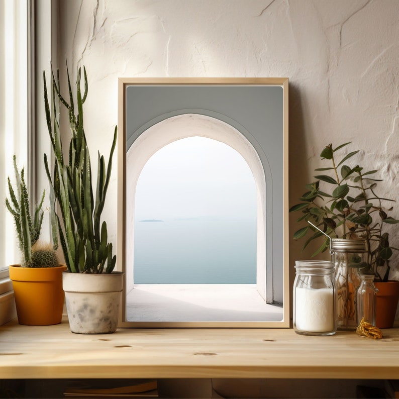 Minimalist Ocean View Print, Greek Archway Painting, Greece Architecture, Coastal Wall Art, Instant Download image 6
