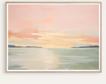 Abstracte kustzonsondergangprint: sereen oceaanlandschap (digitale download)