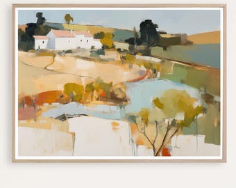 Peut inclure: Une peinture représentant une maison blanche avec un toit brun dans un paysage avec des arbres verts et une rivière bleue. Le ciel est bleu clair et le sol est un mélange de brun, jaune et vert.