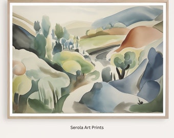 Peut inclure: Impression d'art de paysage à l'aquarelle dans un cadre en bois clair. L'œuvre présente des collines ondulantes dans des tons de vert, de bleu et de brun. Le texte "Serola Art Prints" est au bas de l'image.
