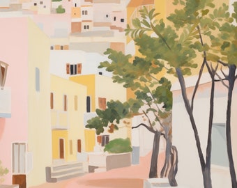 原精一　スペイン イビザ風景　油彩画 イビサの絵画、イビサ旧市街のプリント、イビサのダルト・ヴィラ