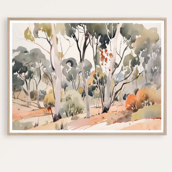 Abstract Tree Landscape, Abstract Watercolor, Australian Landscape Painting, Eucalyptus Trees Print, INSTANT Download