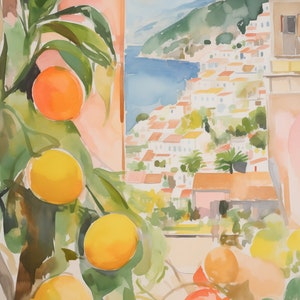 May include: A watercolor painting of a window view with a lush green citrus tree in the foreground. The tree has bright yellow and orange citrus fruits. The window looks out onto a coastal town with white buildings and a blue sea.