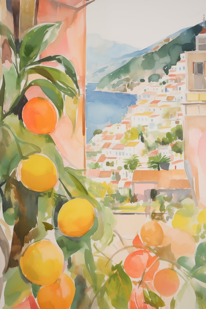 May include: A watercolor painting of a window view with a lush green citrus tree in the foreground. The tree has bright yellow and orange citrus fruits. The window looks out onto a coastal town with white buildings and a blue sea.