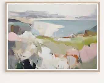 Art abstrait côtier, paysage marin aquarelle abstrait, peinture de paysage, art mural abstrait gris et rose, téléchargement immédiat