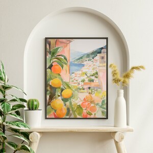 May include: A watercolor painting of a Mediterranean village with a citrus tree in the foreground. The painting features a vibrant palette of oranges, yellows, greens, and blues. The village is nestled on a hillside overlooking the sea.