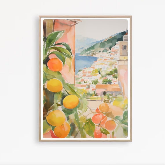 Italy Travel Print, Amalfi Coast, Lemon Tree painting, Italian coast Watercolor,  Instant Download
