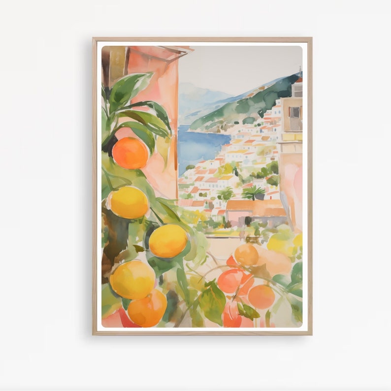 May include: A watercolor painting of a window view with a cluster of orange citrus fruit hanging from a tree branch. The background shows a colorful village nestled in a hillside with a blue body of water in the distance.