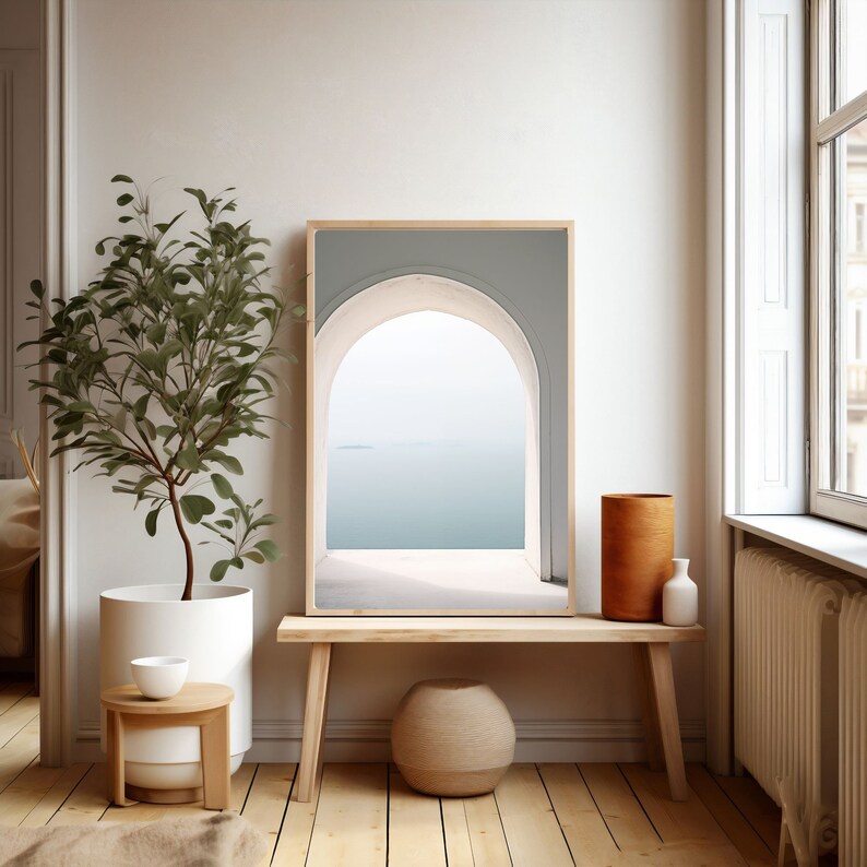 Minimalist Ocean View Print, Greek Archway Painting, Greece Architecture, Coastal Wall Art, Instant Download image 3
