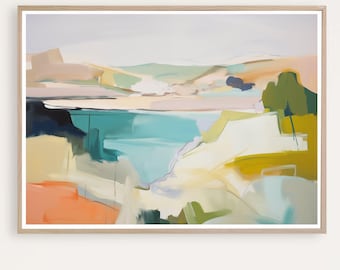 Pintura abstracta de acuarela de paisaje costero: colores vibrantes (descarga instantánea)