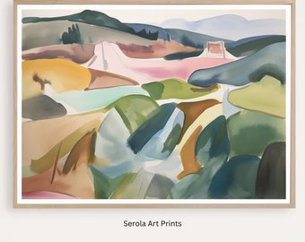 May include: Abstract watercolor painting of a landscape with rolling hills in shades of green, blue, brown, pink, and yellow. The painting has a soft, dreamy feel.