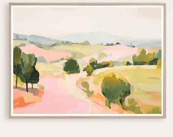 Paysage abstrait rose, impression de paysage méditerranéen, aquarelle abstraite, peinture de paysage, art mural moderne, téléchargement immédiat
