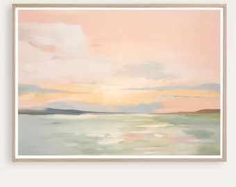 Pastel Sunset Abstract Landscape, Digital Download Wall Art, Blush Pink Coastal Painting, Serene Nature Printable