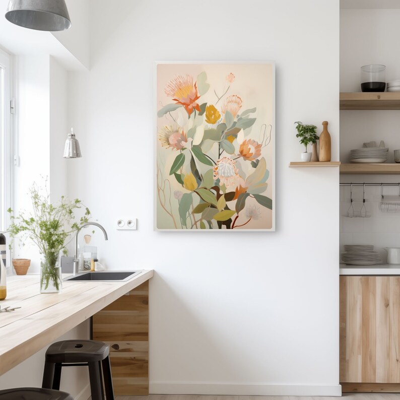 May include: A framed painting of a bouquet of pink, white, and yellow flowers with green leaves on a light background.
