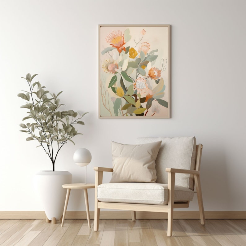 May include: A framed art print featuring a stylised illustration of a bouquet of pink and white protea flowers with green leaves against a light background.
