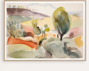 Peut inclure: Peinture abstraite à l'aquarelle d'un paysage avec des collines vallonnées, des arbres et une palette de couleurs douces et tamisées. La peinture présente des nuances de vert, de jaune, d'orange et de rose.