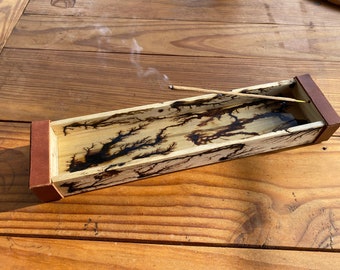 Brown leather and wood incense burner with Lichtenburg burned fractals