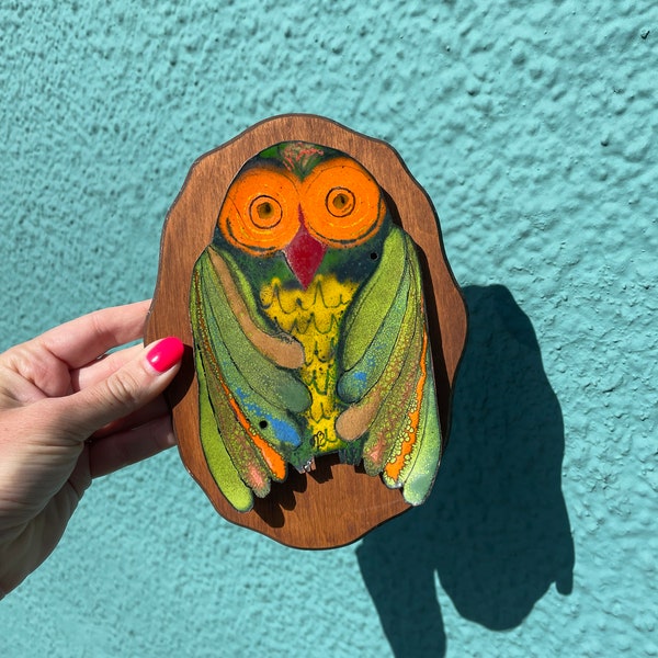 Enamel Owl Wall Hanging / Art / Handmade Vintage / 3D / Colorful Kitschy