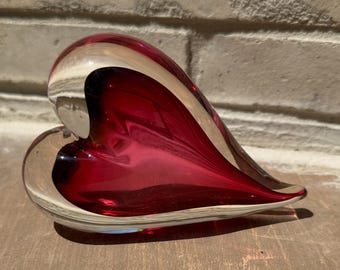 Vintage Glass Heart Paperweight Sculpture Signed Correia Sideways Handblown Red Pink