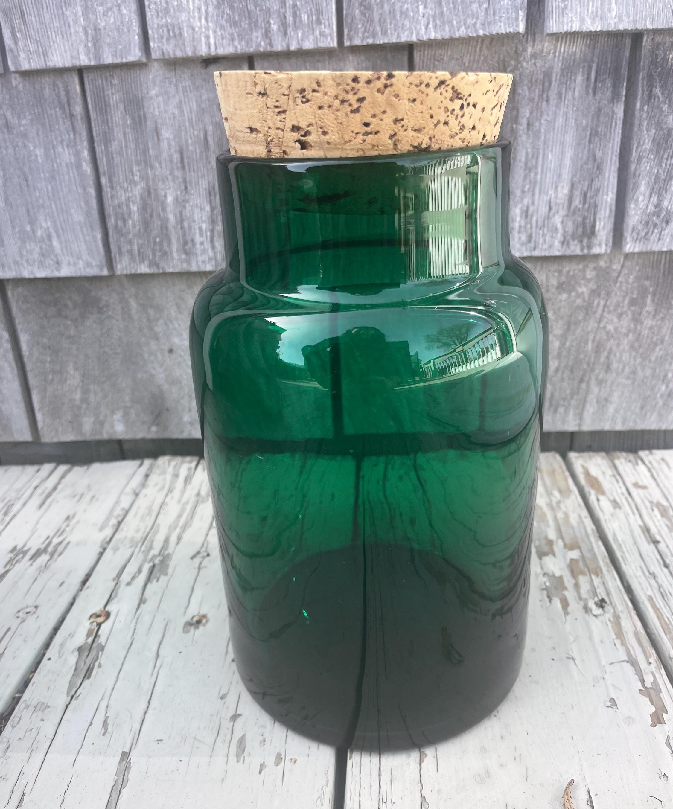 Vintage Blenko Emerald Green Glass Jar With Cork Top 1970s - 7228L