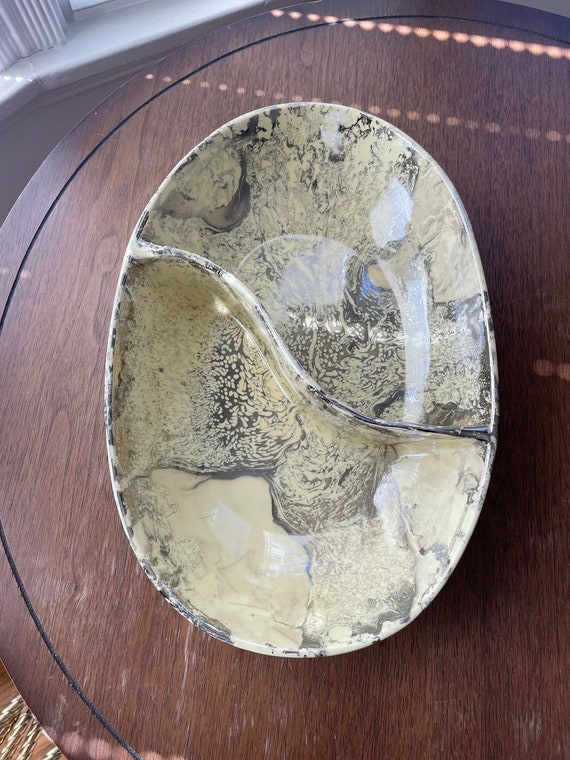 Vintage Sascha Brastoff California Pottery Ceramic Serving Tray Dish /  Marble / Ombre Surf Ballet / Yellow Silver / MCM / Mid Century 