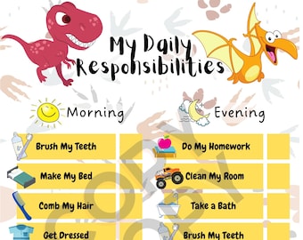 Könnte beinhalten: Ein gelber und orangefarbener Chart mit Dinosaurier-Motiv. Der Chart ist in zwei Abschnitte unterteilt: Morgen und Abend. Jeder Abschnitt enthält eine Liste von täglichen Aufgaben für Kinder, wie z. B. Zähneputzen, Bett machen und Hausaufgaben machen. Der Chart zeigt auch eine lächelnde Sonne und einen zunehmenden Mond.