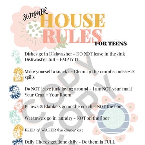 Summer House Rules for Teen Clean | Daily Routine for Teen | Summer Flowers | Instant Digital Download | Customize | Printable | 8.5x11